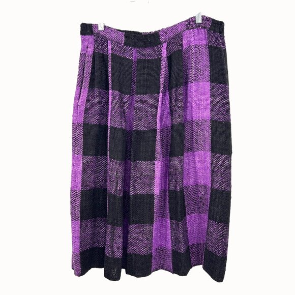 Vintage Purple & Black Textured Checker Plaid Pleated Midi Skirt W/ Pocket - M - Picture 4 of 5